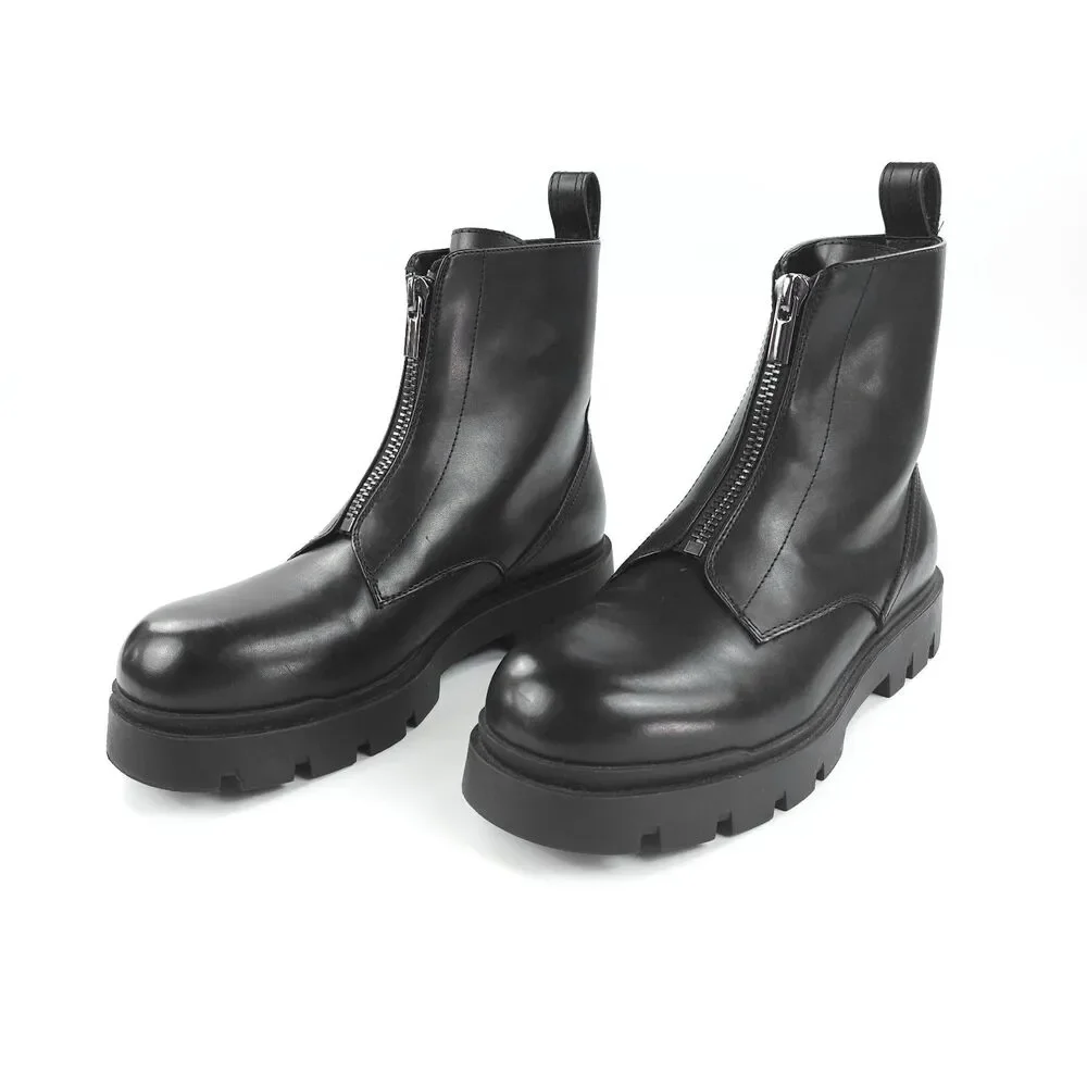 ZARA 100% Leather Lug Sole Zip Front Combat Boots Black Y2k Goth Grunge Indie